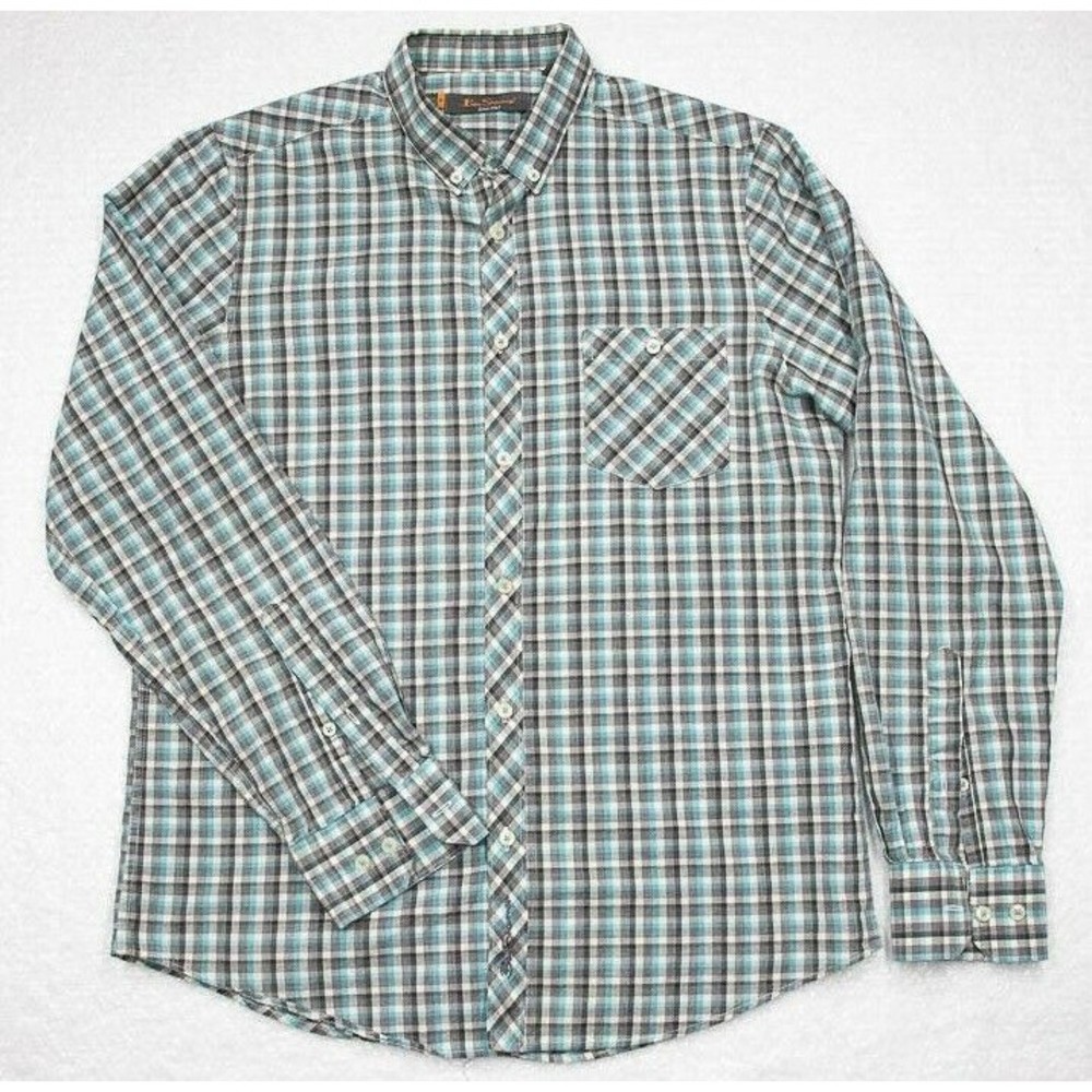 Ben Sherman Shirt Men's Medium Long Sleeve Button-Up Plaid Turquoise Gray